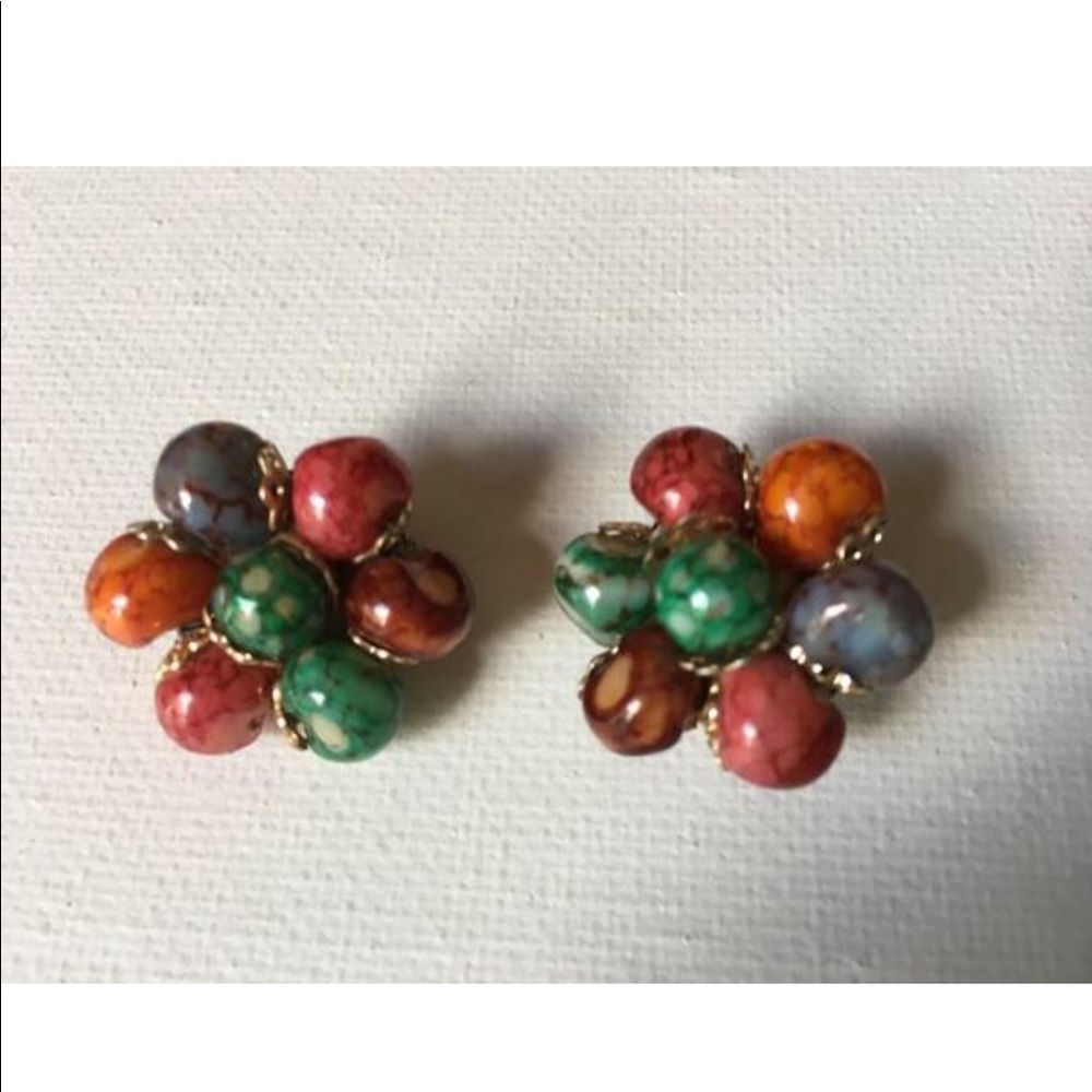 Multicolor bead clip on earrings 1950's Hong Kong